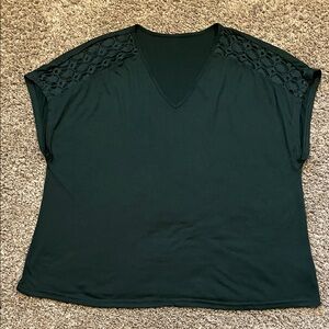 SHEIN Black V-Neck Short Sleeve Top with Crochet Shoulders